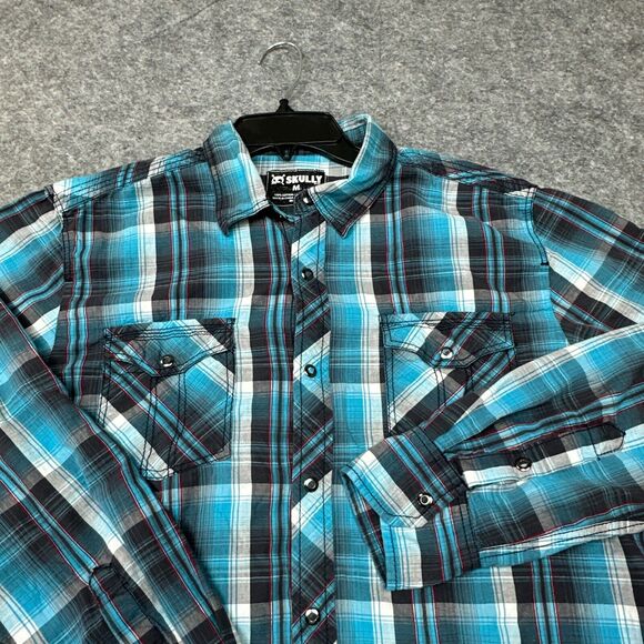 Skully Shirt Mens Medium Snap Up Teal Plaid Western Cowboy‎ Ranch Rodeo - Picture 1 of 10